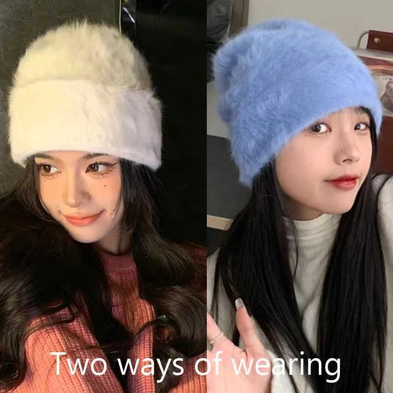 Beanie/Skull Caps 2024 Fashion Rabbit Skin Y2k Beanies Womens Soft and Fluffy Angora Winter Knitted Hat Womens Plush Windproof Hat Skull Hat J240913