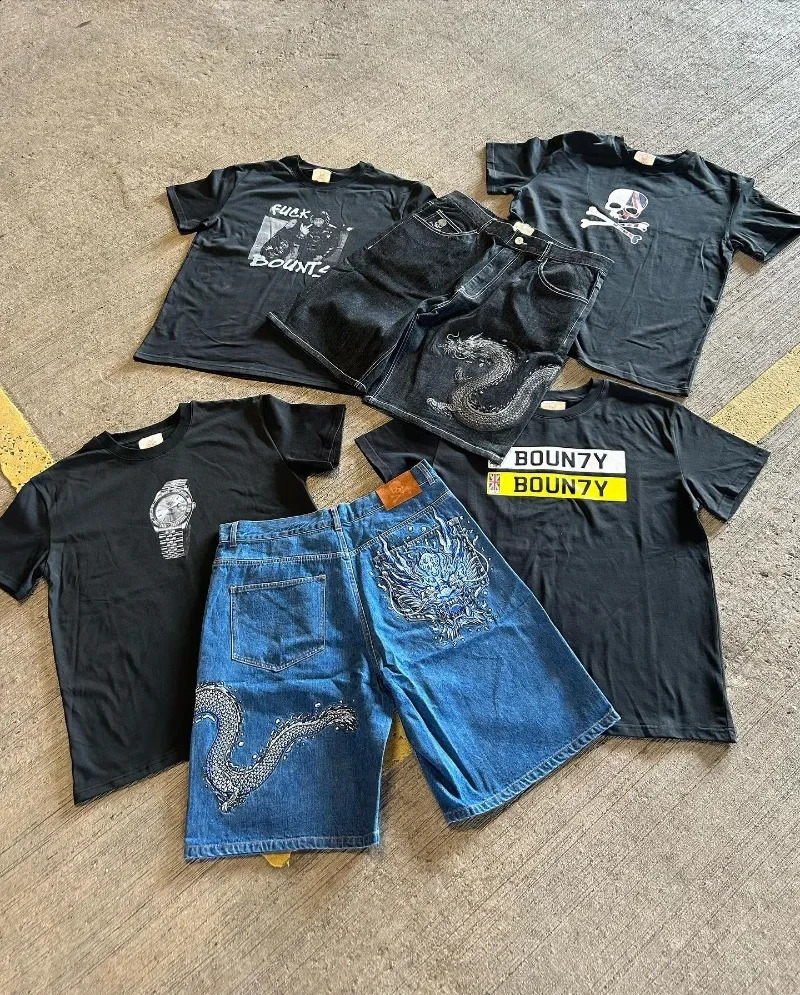 Bounty Dragon Pattern Hip Loose Denim Shorts Men Women Y2K Summer Retro Fashion Goth Men Basketball Shorts Streetwear 240913