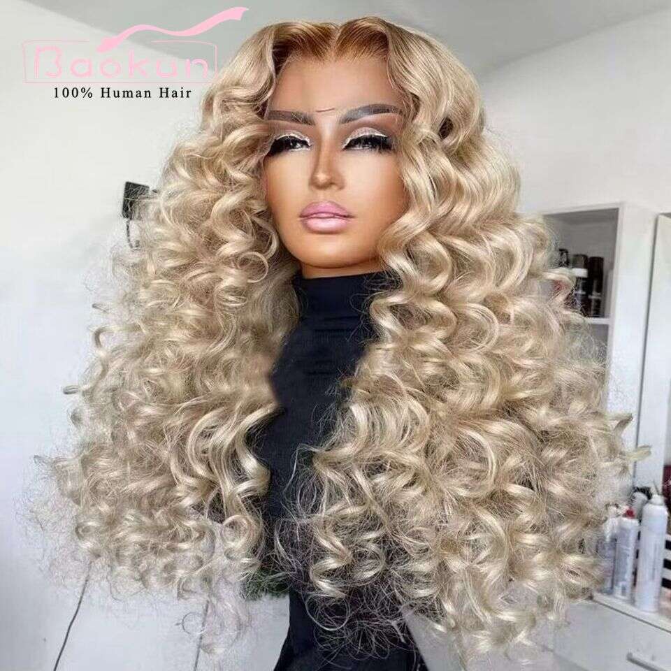 13X4 Ash Deep Curly Human Hair Wigs Ombre Honey Blonde Front Pre Plucked Transparent 13X6 HD Lace Frontal Wig