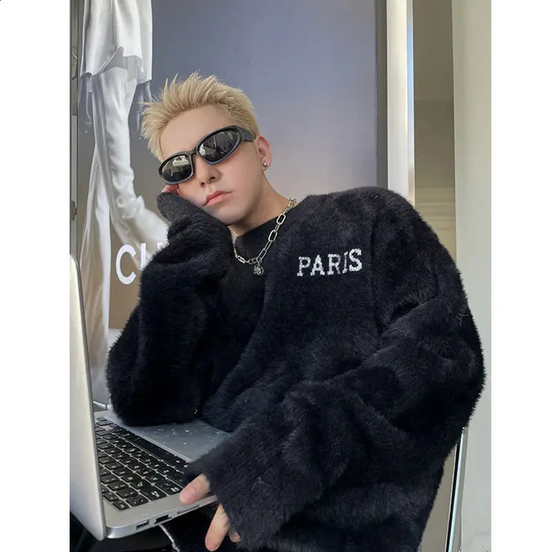 High street fashion mink velvet jacquard sweater for men and women autumn and winter loose and versatile y2k couple sweater 240912