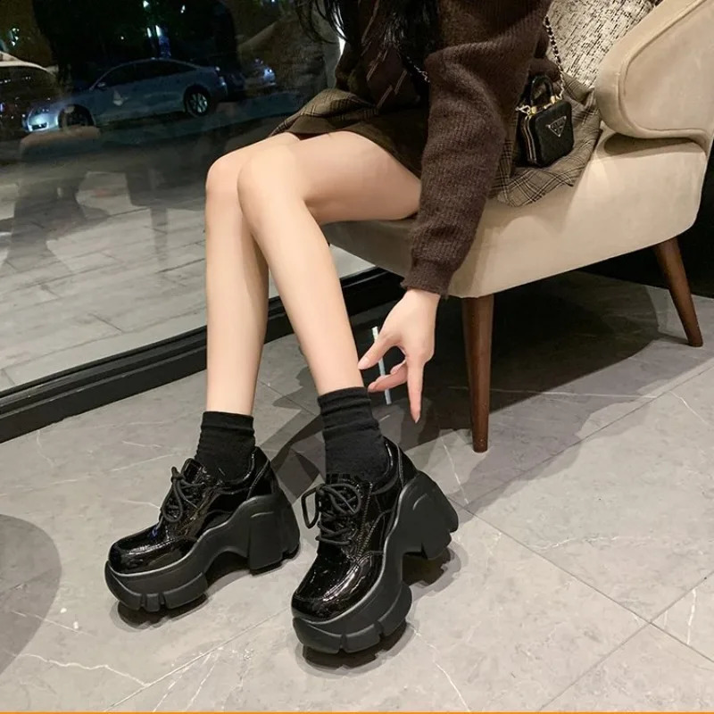 Platform wedge sports shoes thick shoes PU leather womens black shoes spring/summer walking sports shoes fashionable womens tennis shoes 240914