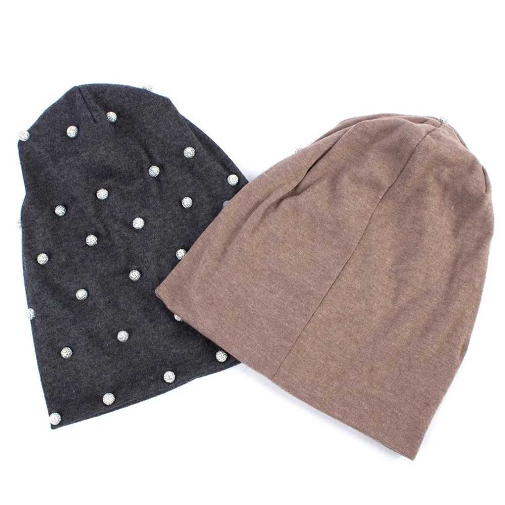 Beanie/Skull Caps Geebro Women #39 Beanie Hat SprCotton metal pearl hat suitable for womens hip-hop parties Beanie hat Rhinestone hat Skulls hat J2409