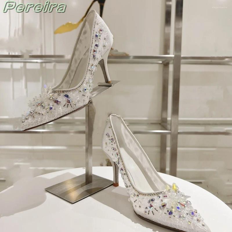 2025 S Fashion Designer Sandals Pereira Crystal Wers Stiletto Pointed Toe High Heels Cover Heel Slip On Colorful Rhie Women Wedding Shoes