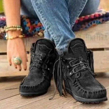 Womens boots Plus size tassel short autumn/winter flat shoes retro fashion thick soled foot boots keep warm vegetative state 240919