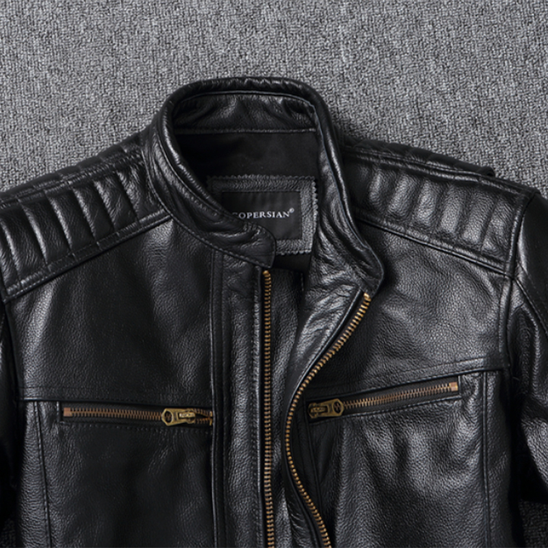 2023 Top Layer Cowhide Motorcycle Genuine Leather Stand Collar Springtime New Style Vintage Biker Jacket ASIAN