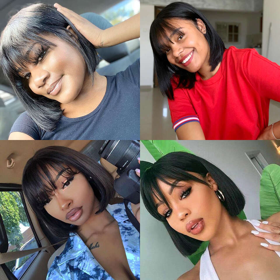 Brazilian Human With Bangs Remy Straight Hair Wigs Full Hine Made For Women 8-16 Inches Fringe Bob Wig