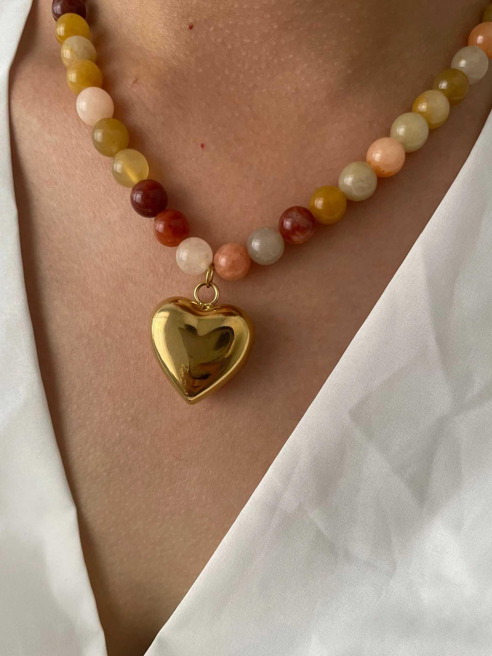 Perisbox Bohemian Multi Color Natural Stone Handmade Bead Chain Waterproof Fashion Gold Plated Heart Pendant Necklace W240918