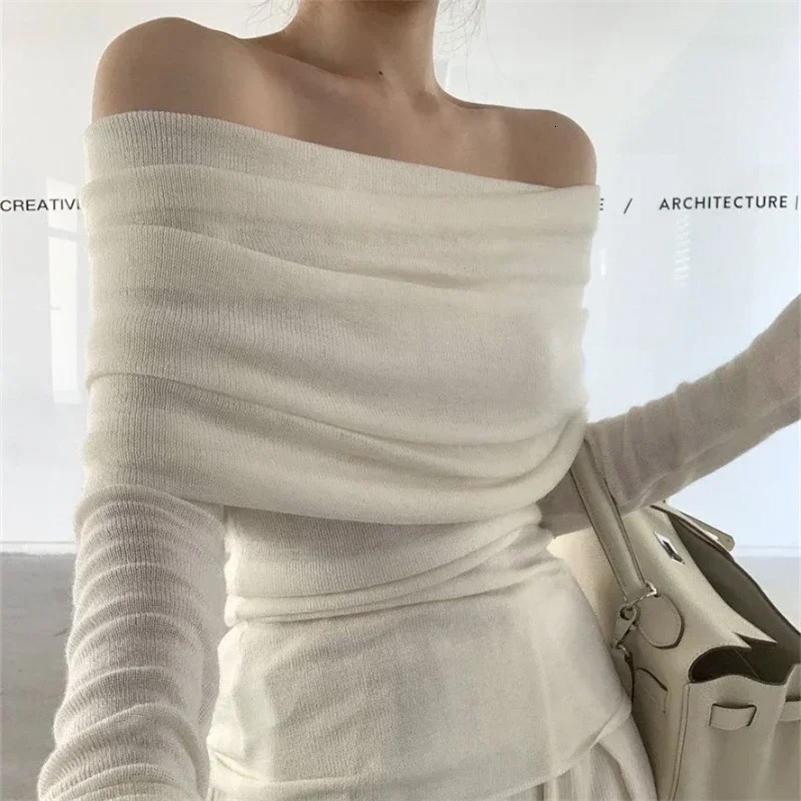 Deeptown Korean Style Knitted Sweater Women Elegant Off Shoulder Female Jumper Harajuku Fashion Gyaru Sexy Pullover Aesthetic 240911