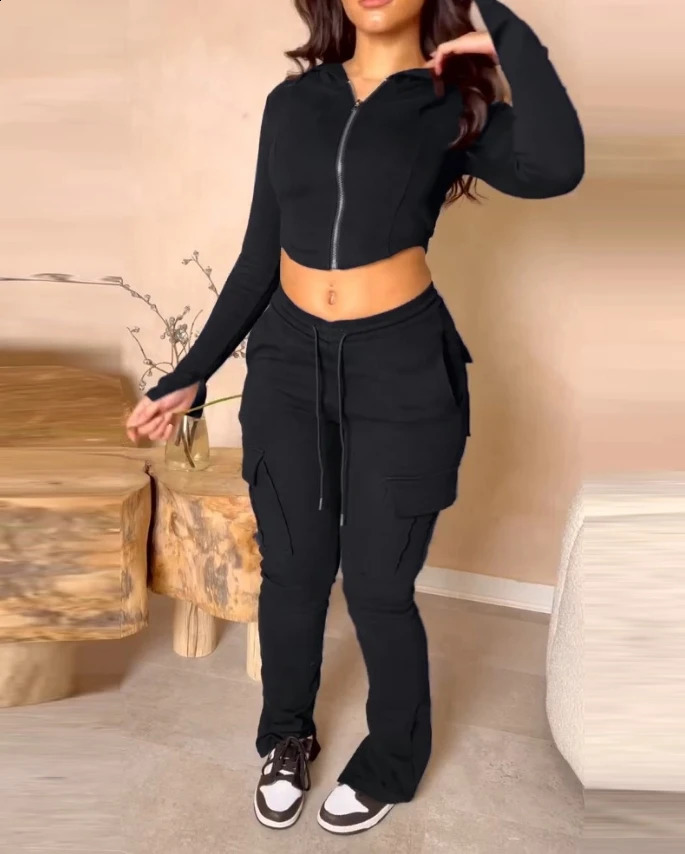 Elegant 2-Piece Sets for Women Autumnwinter Zipper Exposed Navel Hooded Sweatshirt Drawstring Pocket Work Pants Set 240918