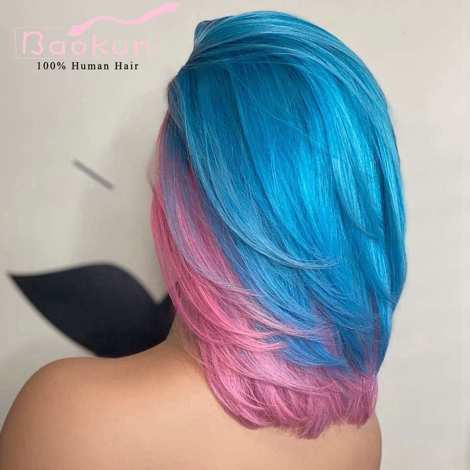 Side Part 13X6 Short Bob Front Pink Blue Highlight Wig Colored 360 HD Human Hair Lace Frontal Wigs