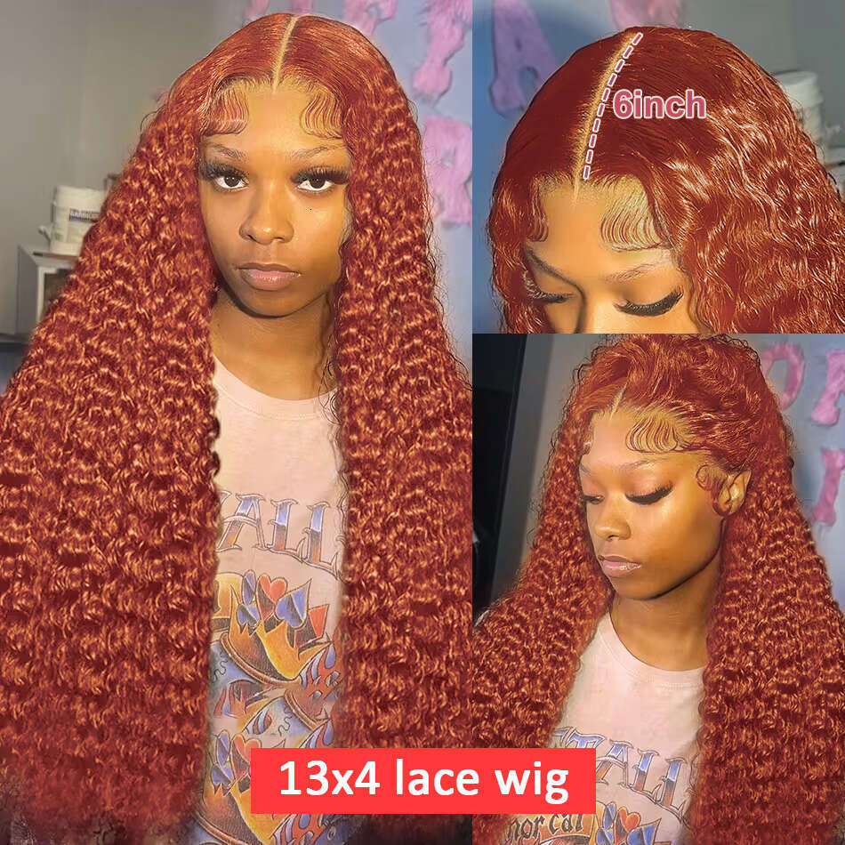 250 Density Orange Ginger Deep Front Human Hair 13X6 HD Transparent Curly Wave Lace Frontal Wigs For Women
