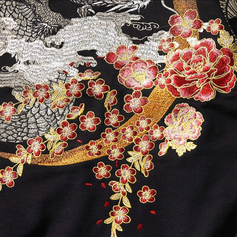 Embroidered Hoodie Crescent Moon Japanese Zip Sakura Cotton Pullover Men's Hip Hop Hoodies Chinese Dragon Sweatshirt