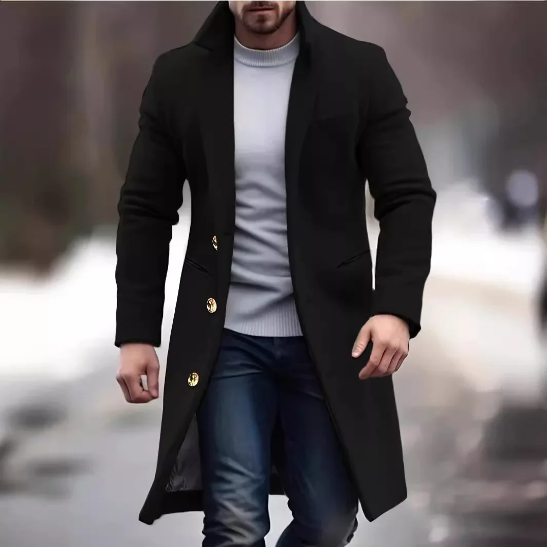 Elegant Mediumlength Mens Woolen Coat Fashionable Casual Trench Crossborder Autumnwinter Slimming Smooths Your Silhouette 240905