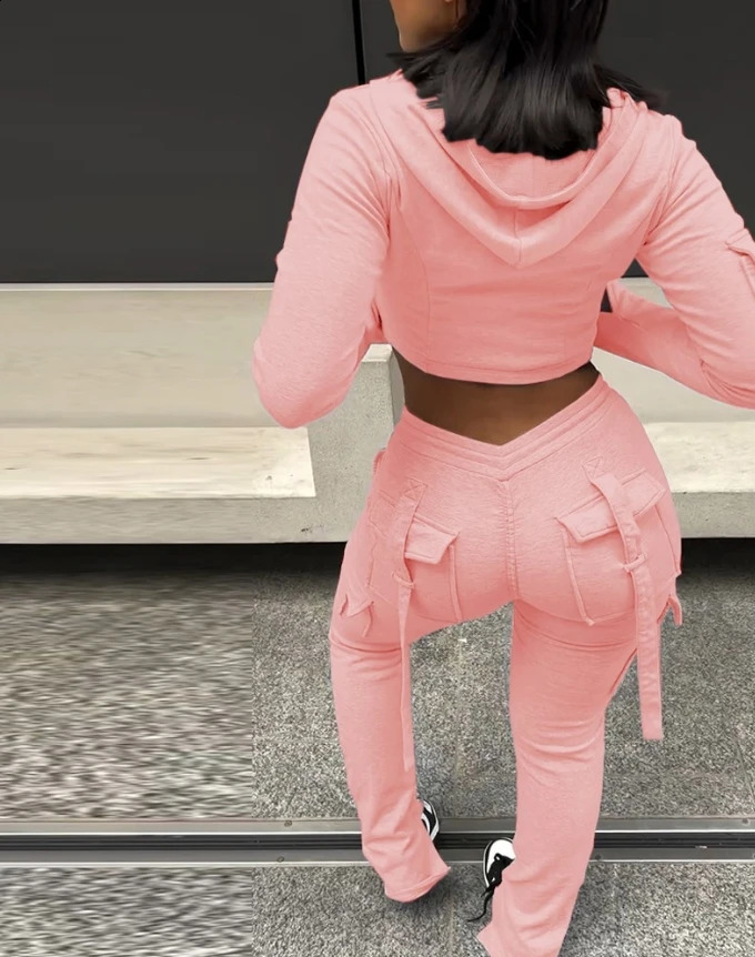 Elegant 2-Piece Sets for Women Autumnwinter Zipper Exposed Navel Hooded Sweatshirt Drawstring Pocket Work Pants Set 240918