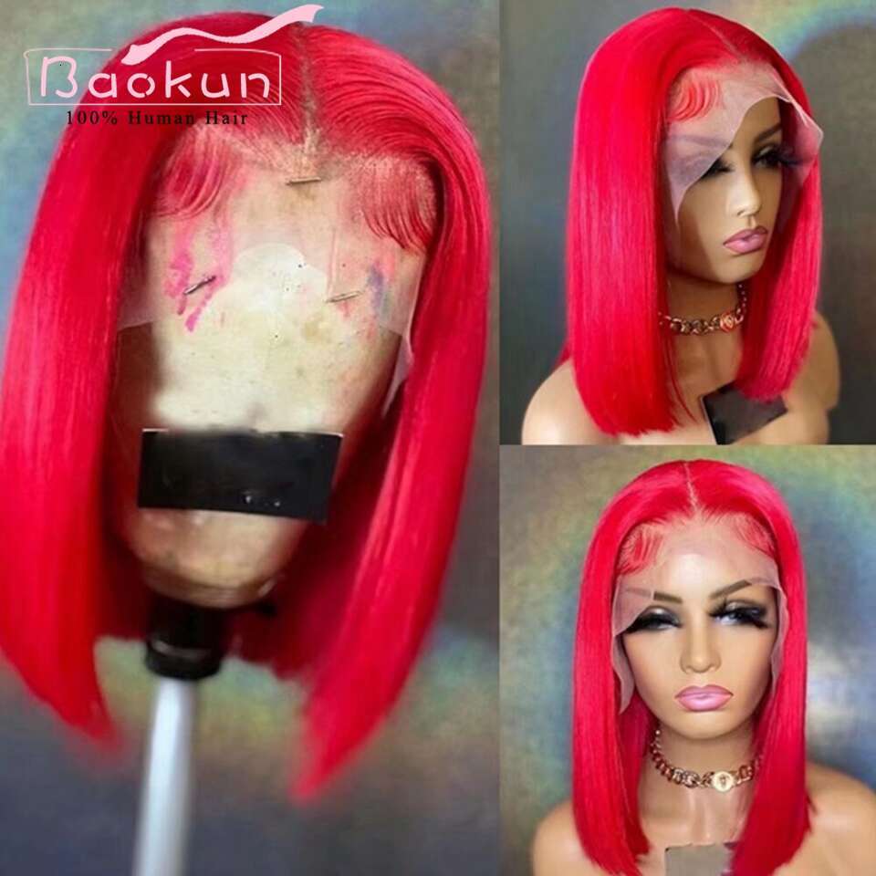 Mint Green Red Wigs Brazilian Short 360 Lace Front 13X4 HD Bob Straight Frontal Wig Human Hair