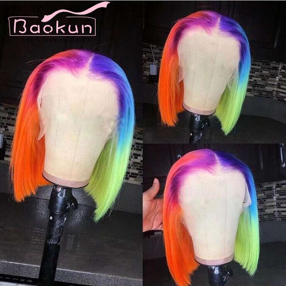 13X4 Rainbow Highlight Red Green 13X6 HD Frontal Wig Short Straight Bob Lace Front Wigs Human Hair For Women