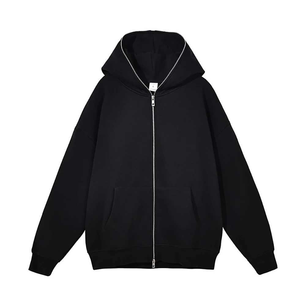 Autumn Fleece Mens Hoodies Streetwear Full Zipper Sweatshirts Loose Casual Full Zip Up Jacket Unisex Solid Color CoatsX240918
