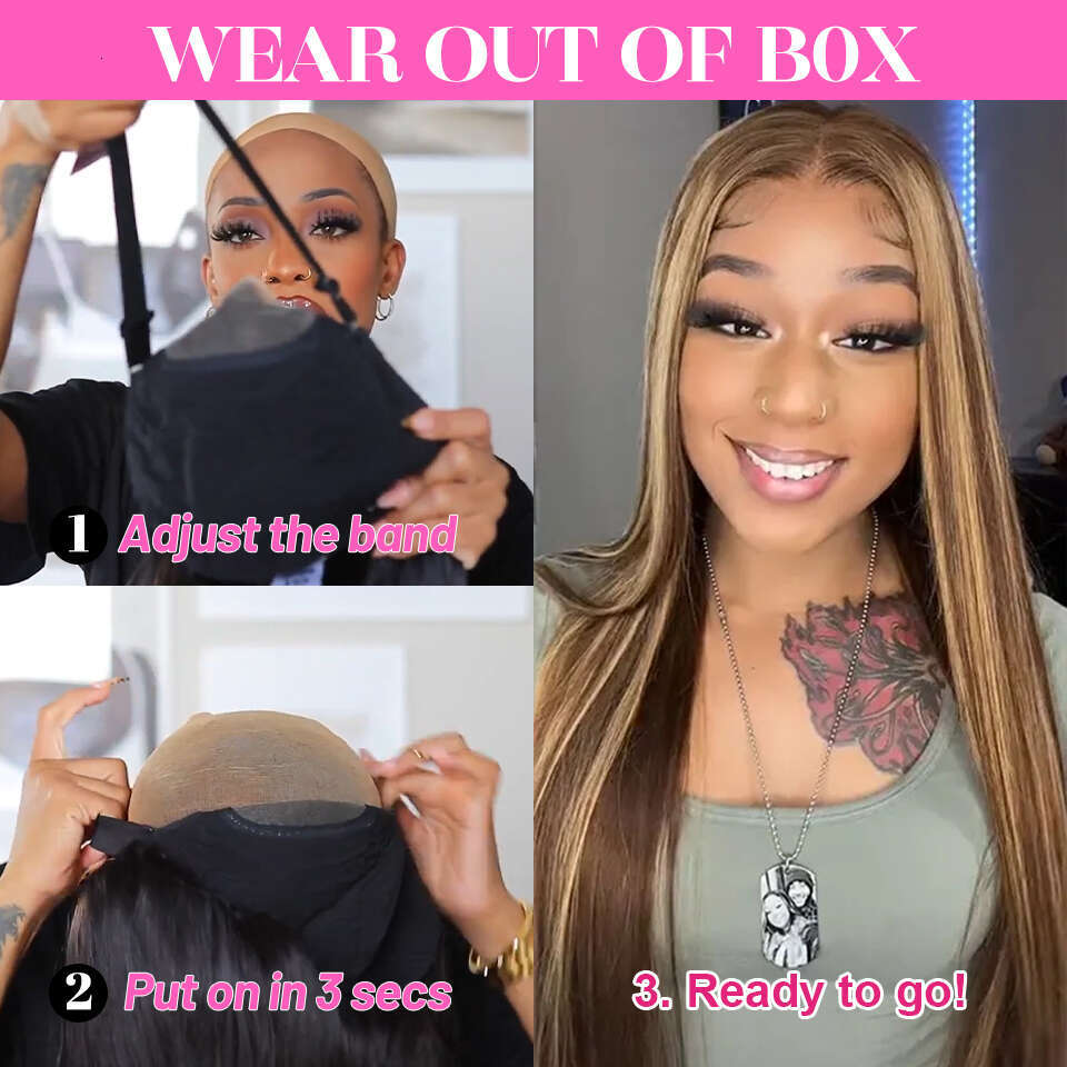 Highlight Glueless Wig Ready To Wear And Go Preplucked Brazilian Straight HD Lace Colored Human Hair Wigs For Women