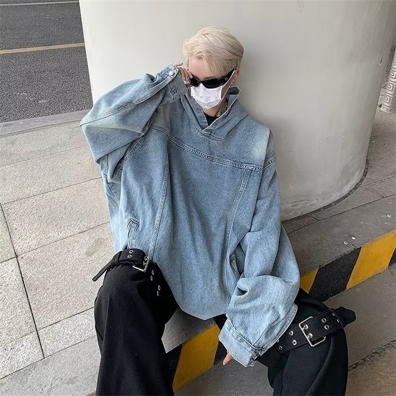 2024 Men Vintage Denim Hoodies Women Harajuku Hip Hop Casual Oversized Sweatshirts Fashion Loose Long Sleeve Pullover Coat 240911