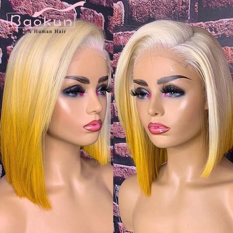 13X4 Colored Short Bob Front Wigs Yellow Ginger Highlight HD Transparent 360 Lace Frontal Wig Human Hair