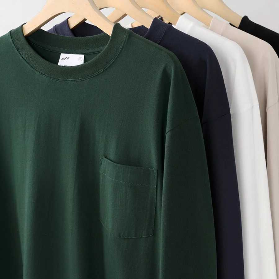 Oversize 100% Cotton Pocket Long Sleeved T-shirt for Men and Womens Spring Casual Round Neck Bottom Tops Solid Sweatshirts Z240918