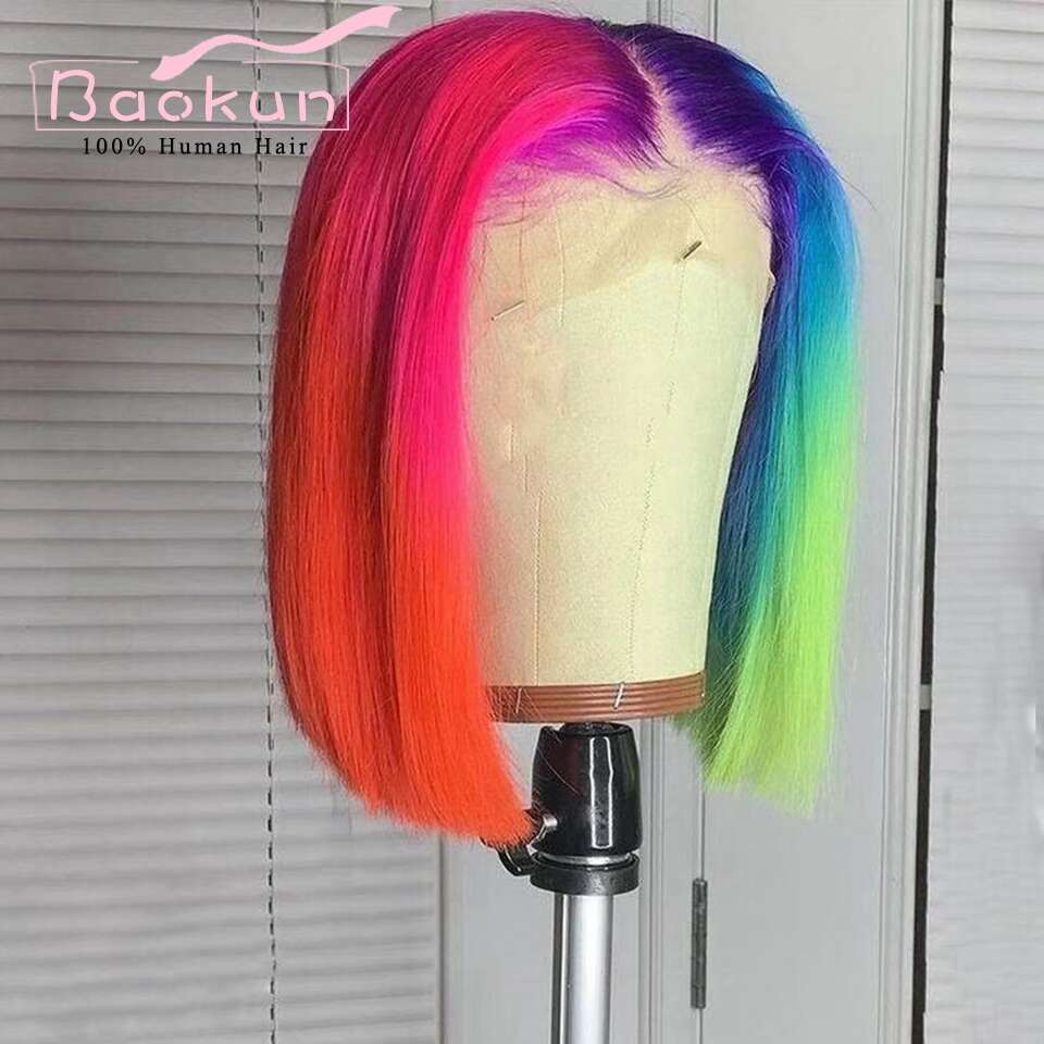 13X4 Rainbow Highlight Red Green 13X6 HD Frontal Wig Short Straight Bob Lace Front Wigs Human Hair For Women