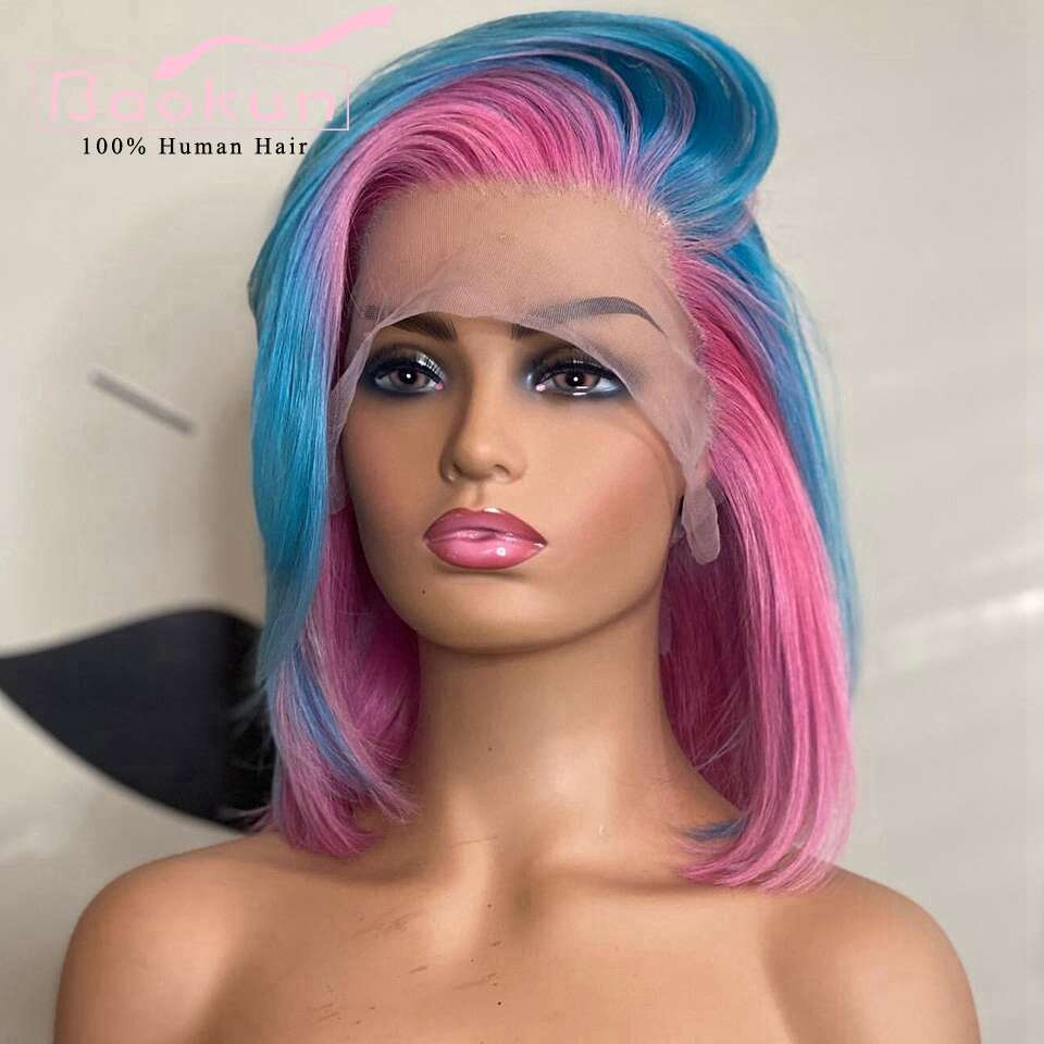 Side Part 13X6 Short Bob Front Pink Blue Highlight Wig Colored 360 HD Human Hair Lace Frontal Wigs