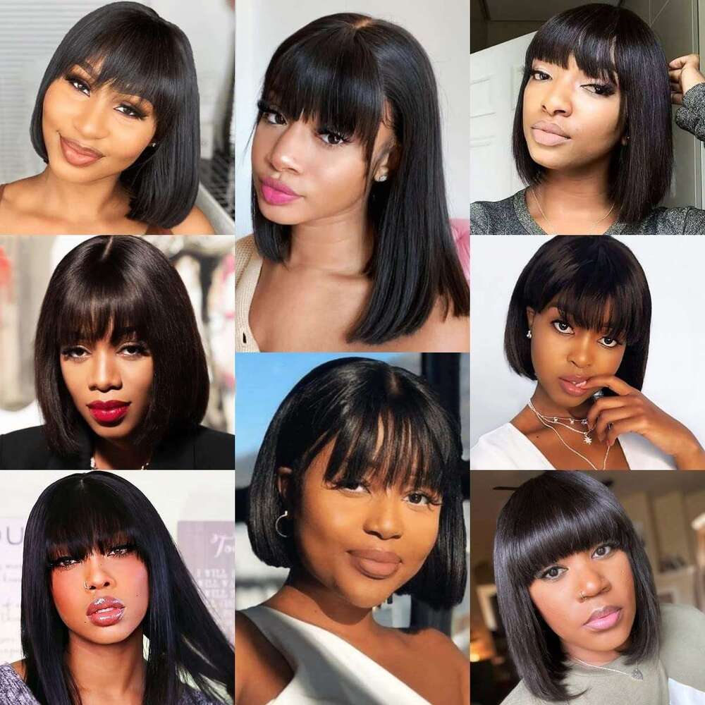 Straight Bob Wigs With Bangs Short Brazilian 200Density For Woman No Lace Full Hine Made Human Hair Wig