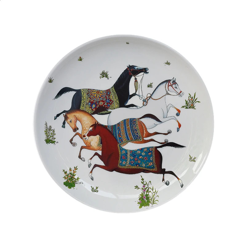 Jungle Horse Series Decorative Panel European Style Ceramic Plant Flower Plate Round Ceramic Craft Oriental Horse Garden Plants 240911