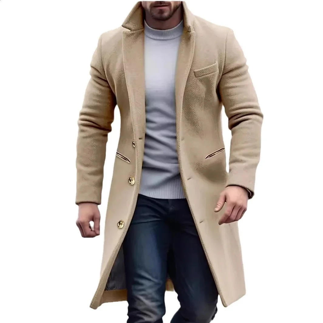 Elegant Mediumlength Mens Woolen Coat Fashionable Casual Trench Crossborder Autumnwinter Slimming Smooths Your Silhouette 240905