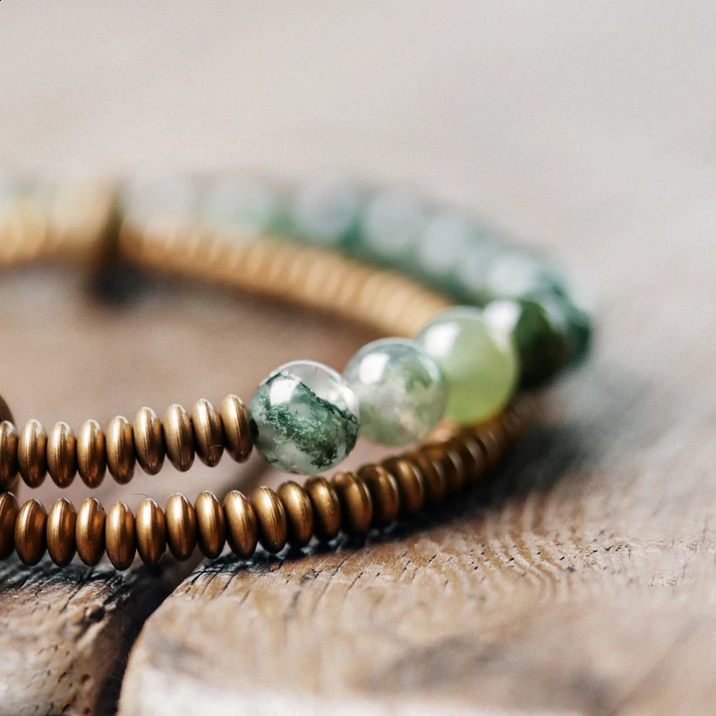 Small beads two rows of mossy stone chain bracelets green ocean grass hands Beatles copper charm jewelry womens amulets 240918
