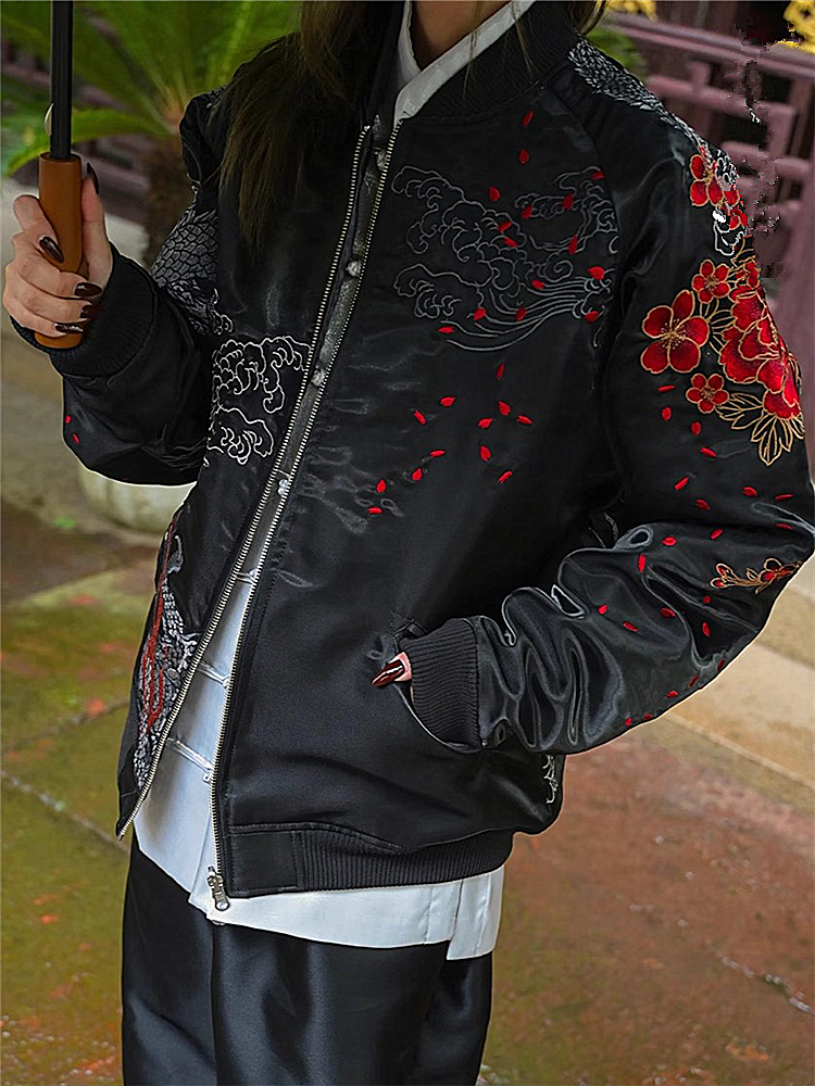 New Men Boys Black P Embroidered Reversible Double-Sided Sukan Souvenir Jacket 2024 China Dragon Year Exclusive