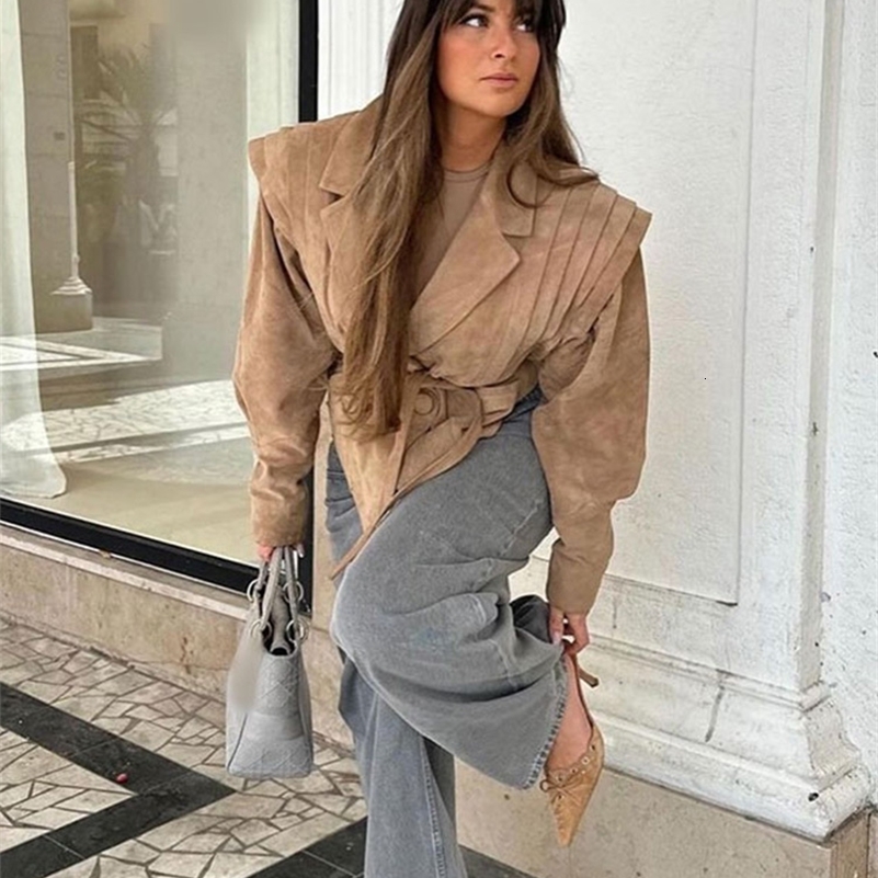 Women High Street Leather Jacket 2024 Autumn Winter Versatile Brown Long Sleeves V-neck Lace-up Coats Causal Chic Female Outwear 240911