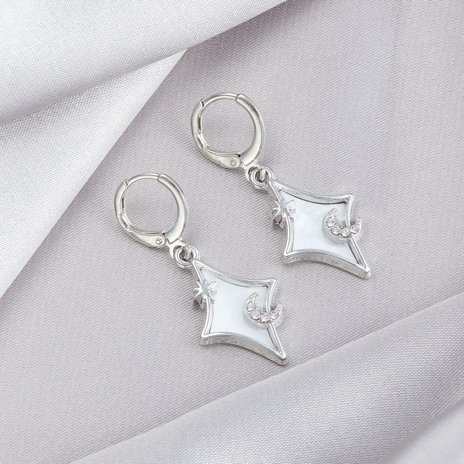 Star Moon Crystal Hoop Earrings Silver Plated Stainless Steel Dangle Earring Women Party Birthday Wedding Vintage Jewelry Gifts
