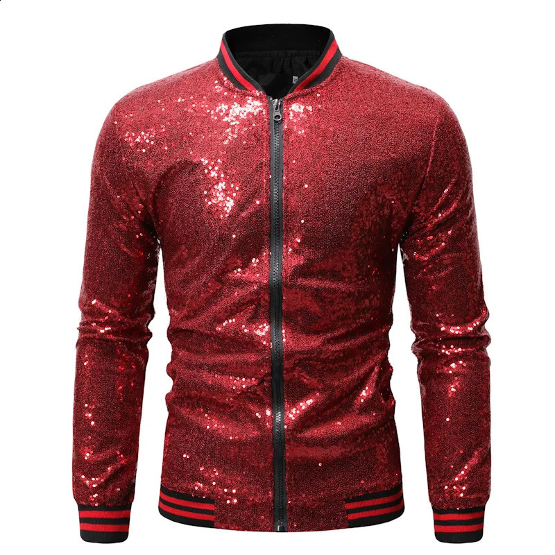 Shiny Sequins Sparkle Bomber Jacket Men est Gold Glitter Striped Zipper Mens Jackets And Coats Party Dance Show Clothes 240911