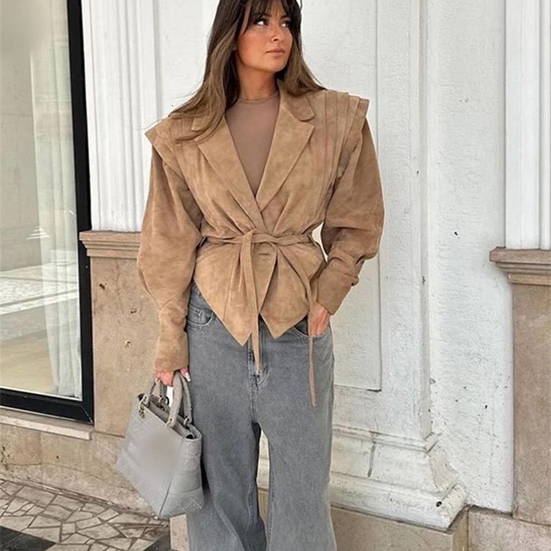 Women High Street Leather Jacket 2024 Autumn Winter Versatile Brown Long Sleeves V-neck Lace-up Coats Causal Chic Female Outwear 240911