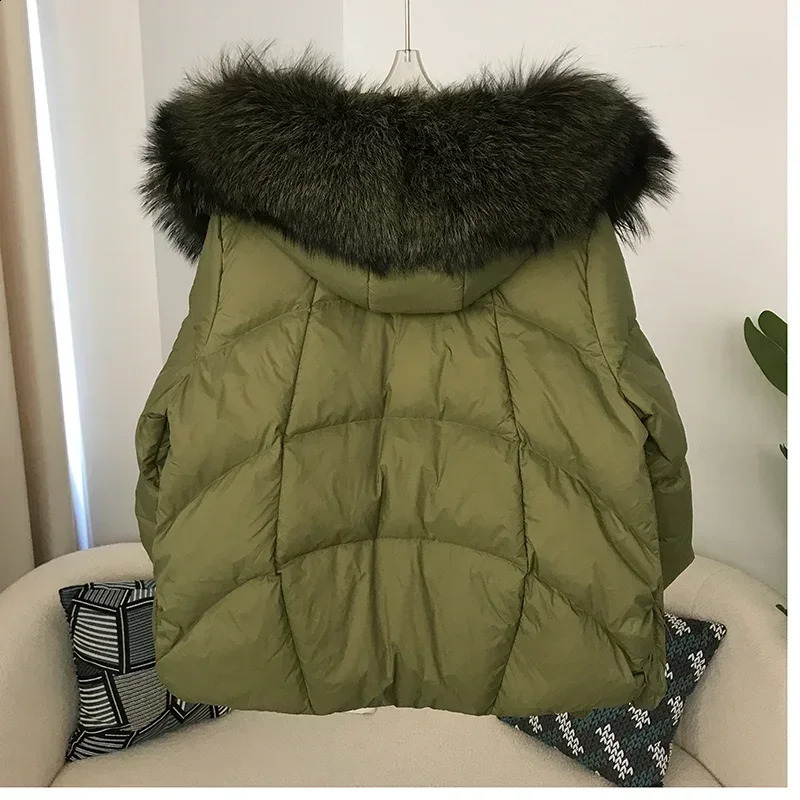 genuine fox fur collar hooded winter jacket for women natural thick and loose oversized duck down coat 240911