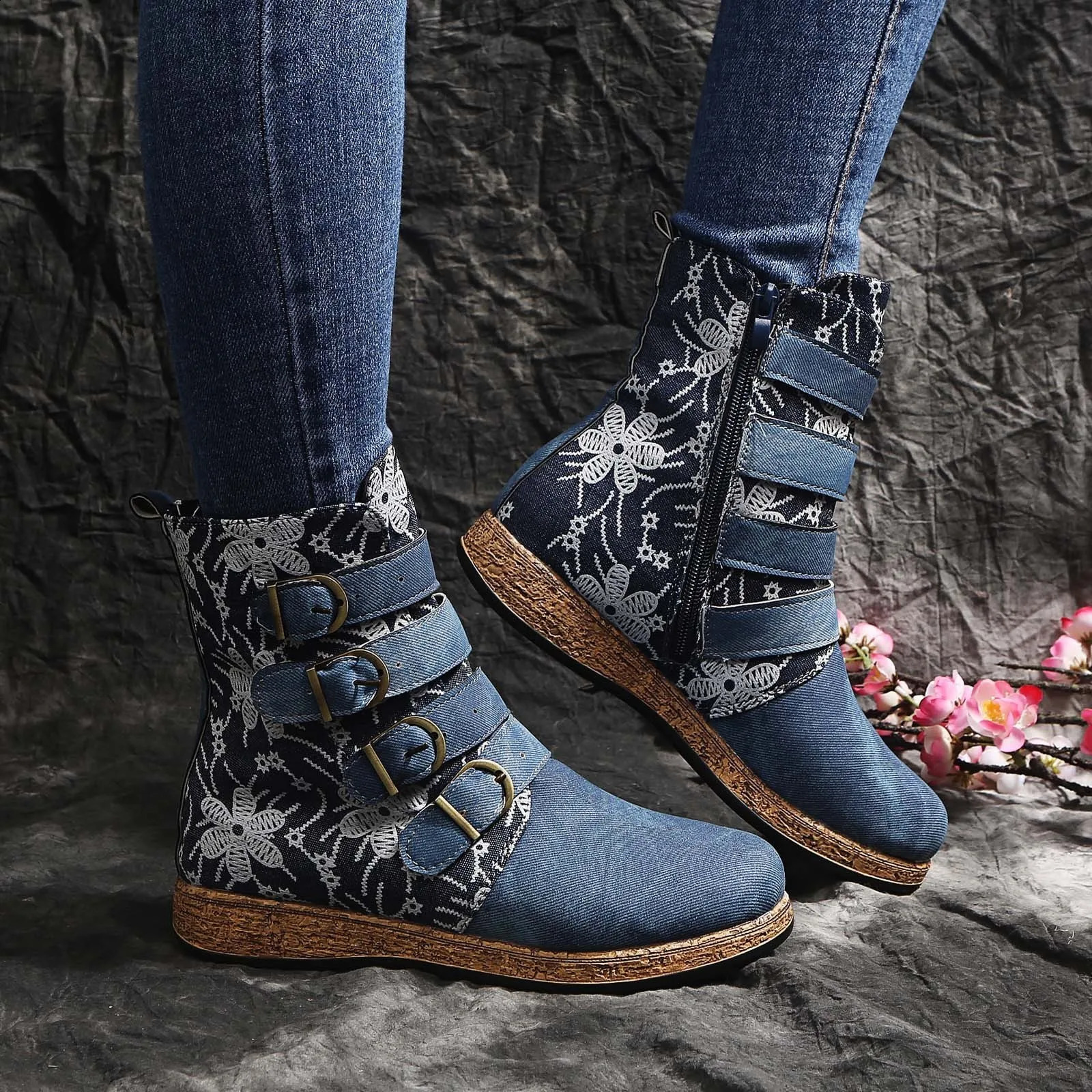 Womens Cowboy Boots Retro Printed Metal Buckle Soft Bottom Zipper Ankle Boots Womens Shoes Fashionable and Comfortable Botines Mujer 240914