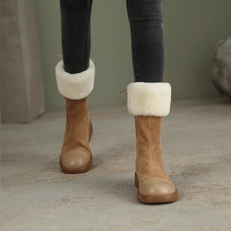 Soft leather and plush midsole snow 2024 winter new fur integrated thick soled short boots