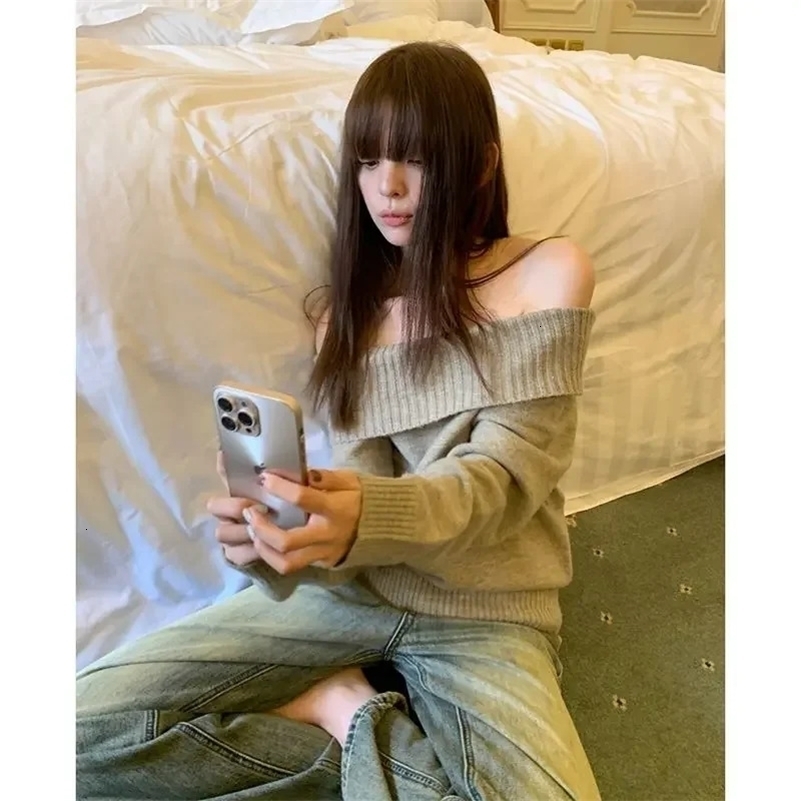 Deeptown Vintage Japanese Style Sweater Women Solid Sexy Off Shoulder Knitwear Y2k Long Sleeve Jumper Slash Neck Causal Harajuku 240911
