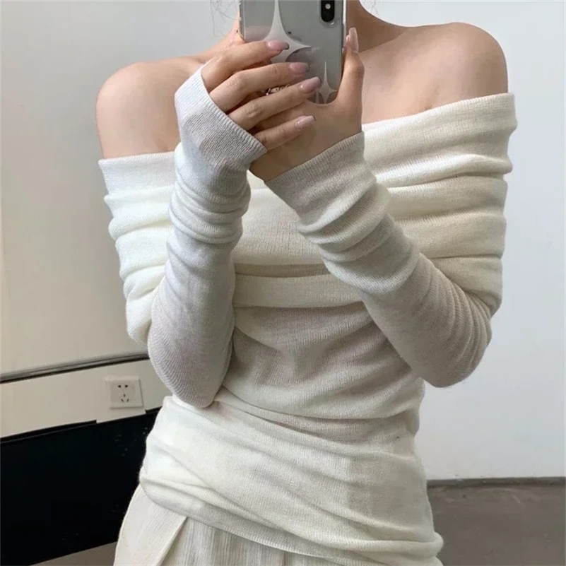 Deeptown Korean Style Knitted Sweater Women Elegant Off Shoulder Female Jumper Harajuku Fashion Gyaru Sexy Pullover Aesthetic 240911