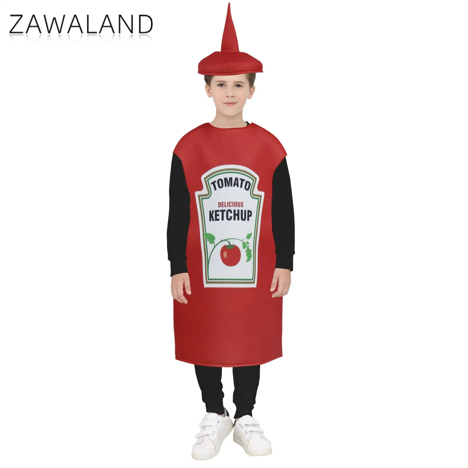 Zawaland Red Tomato Delicious Ketchup Costume Adult Boy Girl Funny Disguise Suit Yellow Mustard Halloween Cosplay Party Clothes 240906