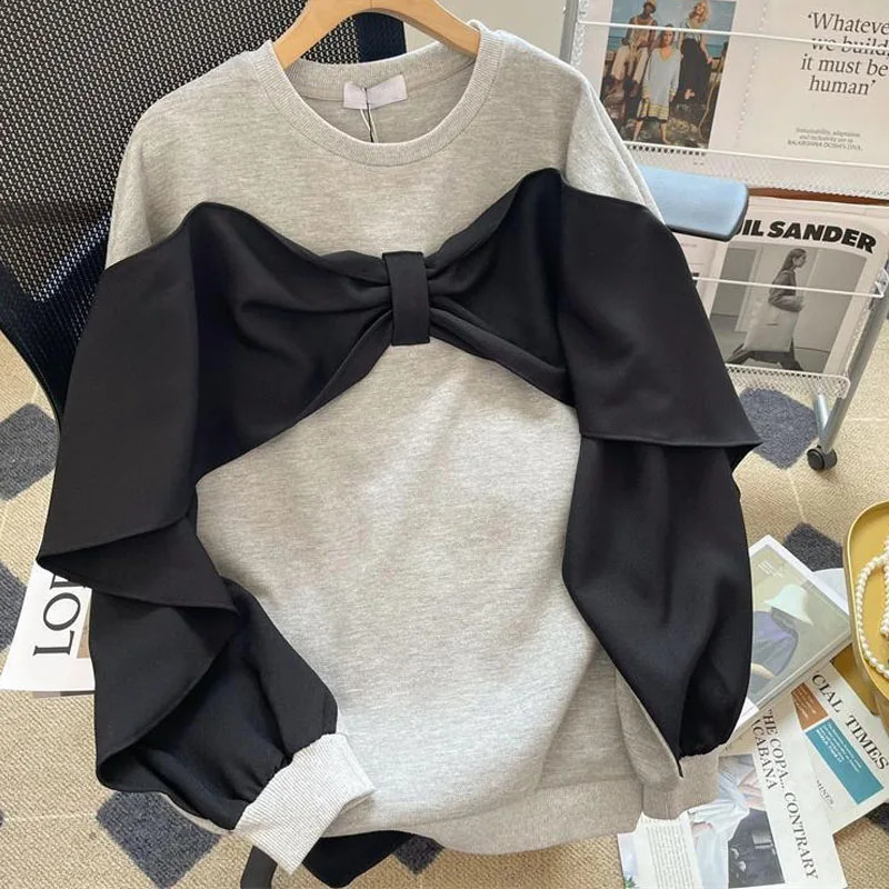Spring and Autumn Fashion Two Pieces Loose Large Spliced Bow Versatile Foreigner Round Neck Womens Long Sleeve Sweater 240914