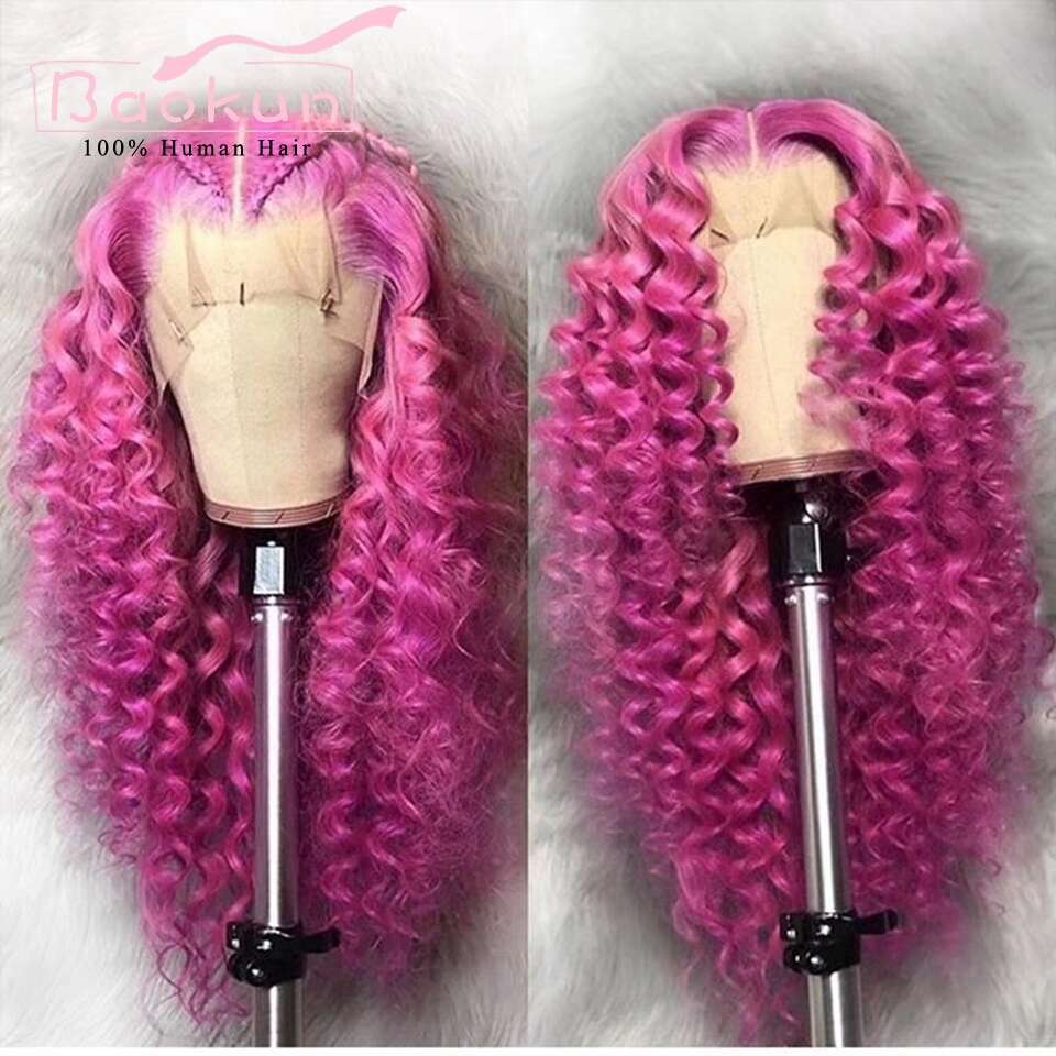 13X4 Hot Pink Curly Pre Plucked 13X6 HD Frontal Wig Brazilian Virgin Deep Wave Lace Front Human Hair Wigs