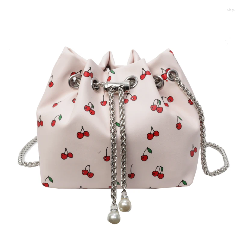 Drawstring Bucket Bags For Women Trend 2024 PU Leather Cherry Print Pearl Crossbady Purse And Handbags Chains Shoulder Strap Versatile Bag