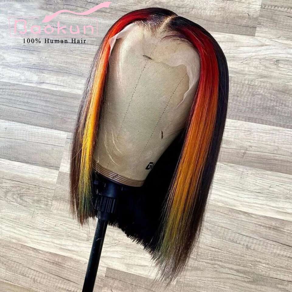 Short Highlight Frontal Wig 13X6 360 Straight Lace Front Red Yellow Blue Glueless Bob Human Hair Wigs