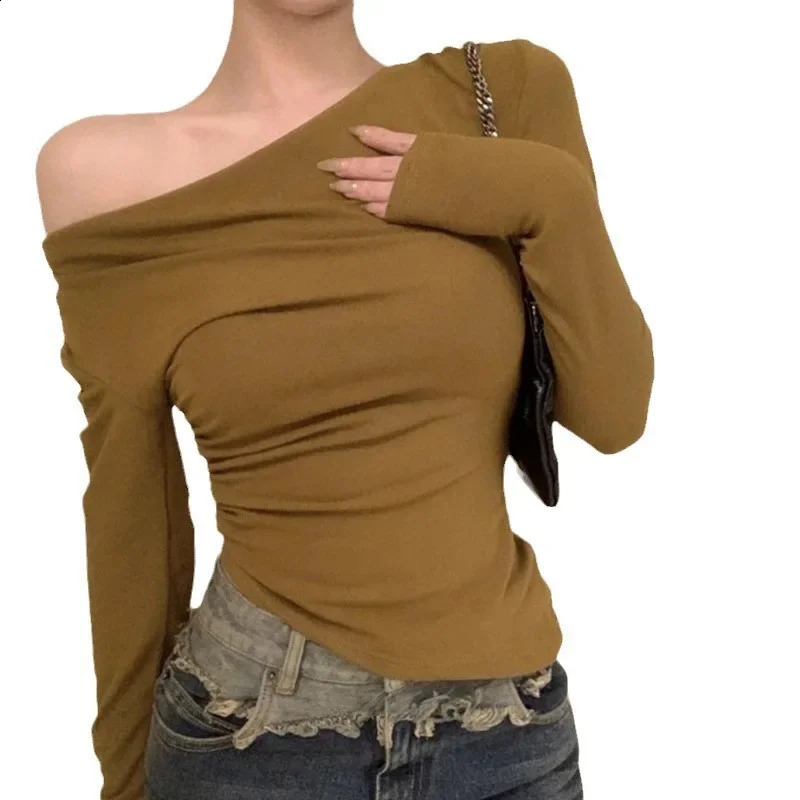 Autumn Winter 2024 Style Crossbody V-neck Long Sleeve T-shirt Womens Cropped Irregular Off-the-shoulder Top 240918