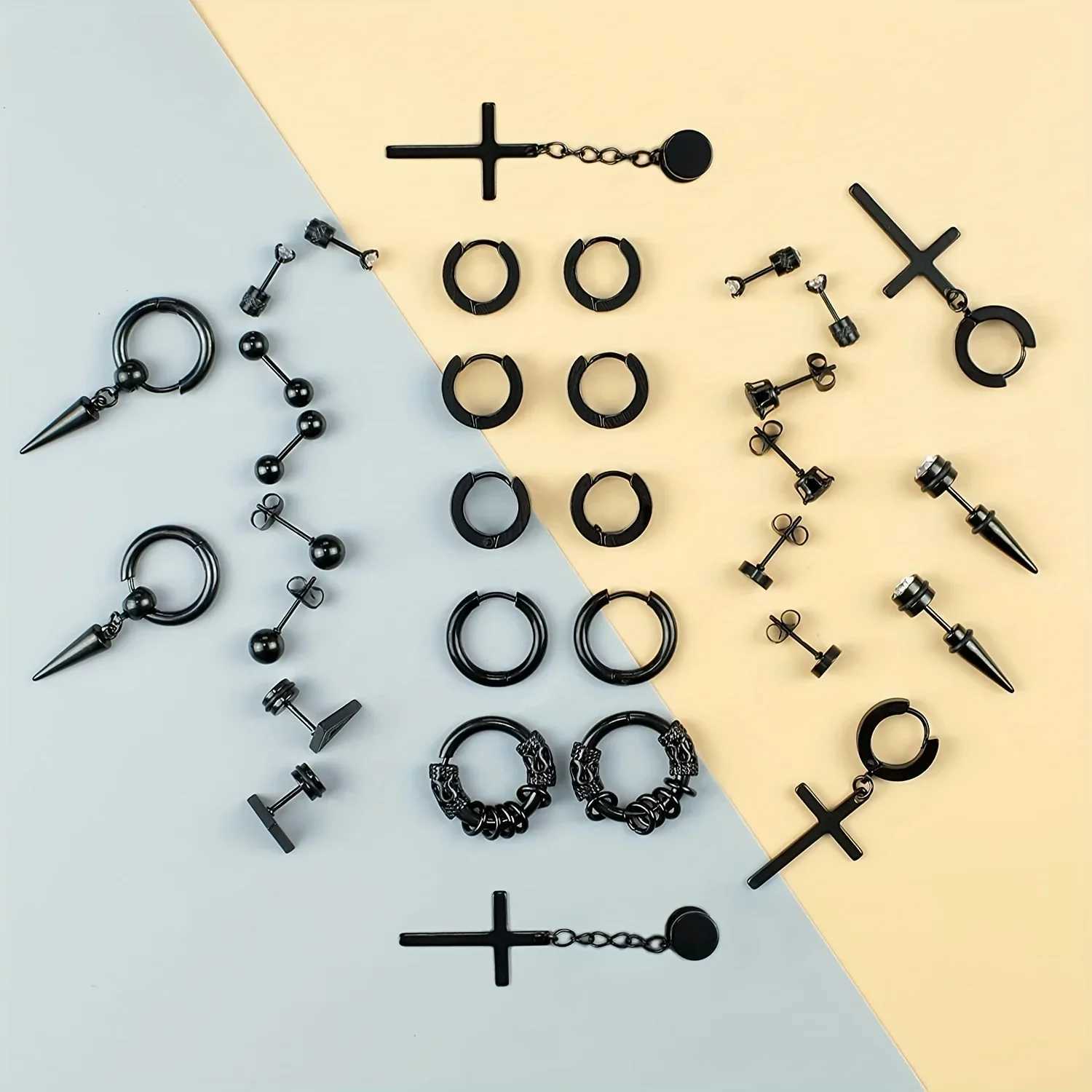 16 pairs of mens stainless steel stud earrings simple ring earrings W240918