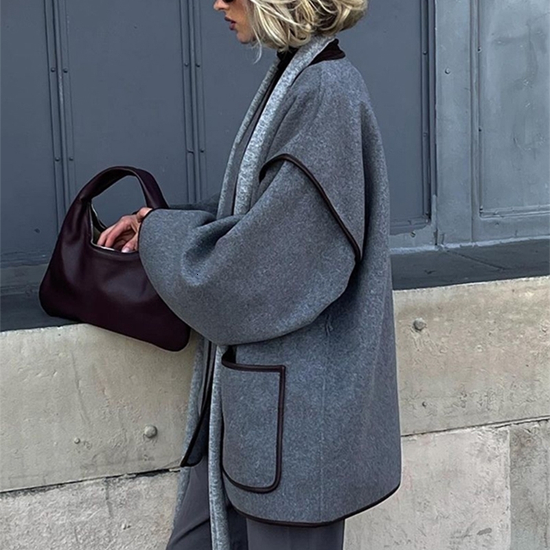 Vintage Grey Womens Coat with Belt Casual Loose Vneck Cardigan Jackets Fashion Windproof Women Coats Solid Color Jacket 240912