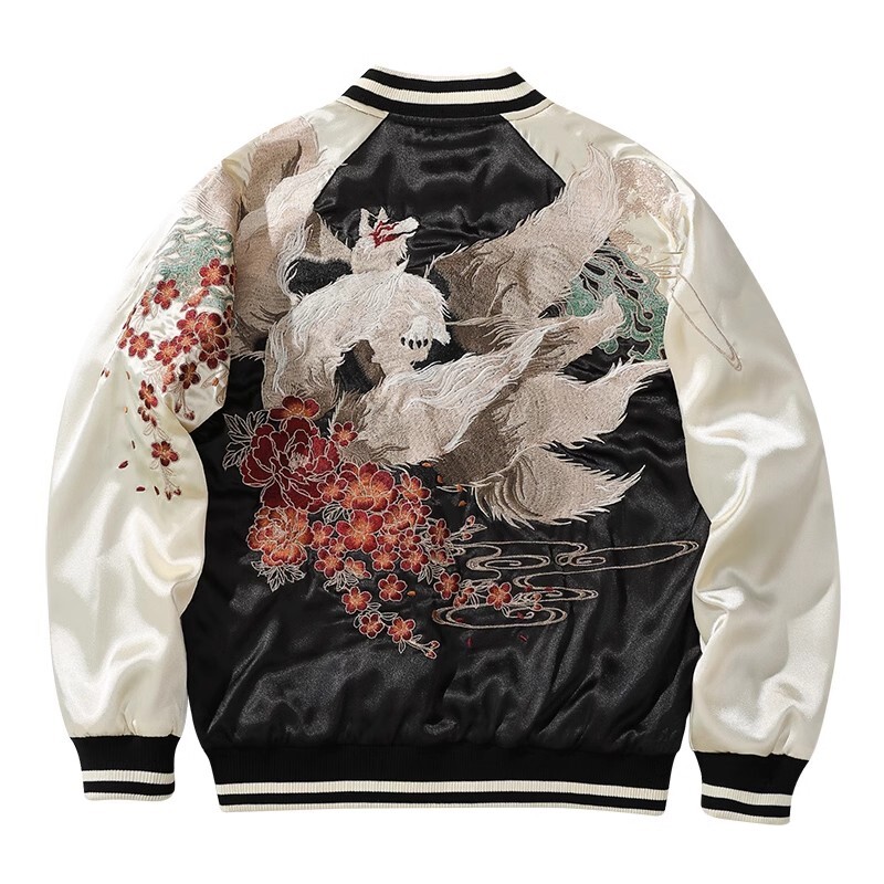 New Men Boys High Street Sukan Souvenir Jacket Nine Tailed Fox P Embroidered Pilot Bomber Letterman Varsity Award Vintage